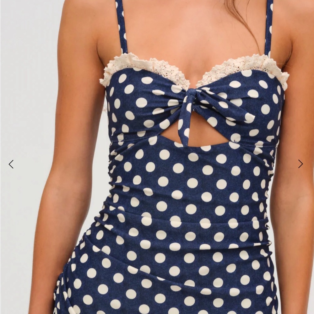 For Love And Lemons Navy and Cream Polka Dot Lace-Trim Swim Dress